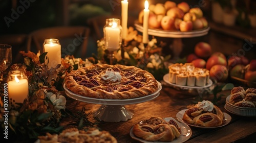 A lavish autumnal feast featuring pecan pie and other delectable desserts on a rustic table