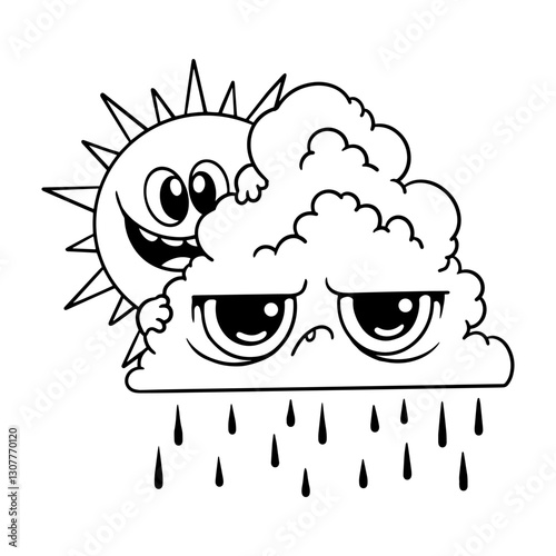 Funny black and white vector illustration of a cheerful sun hugging a grumpy rainy cloud. Perfect for weather-themed designs, kids' illustrations, cartoons, and creative prints.