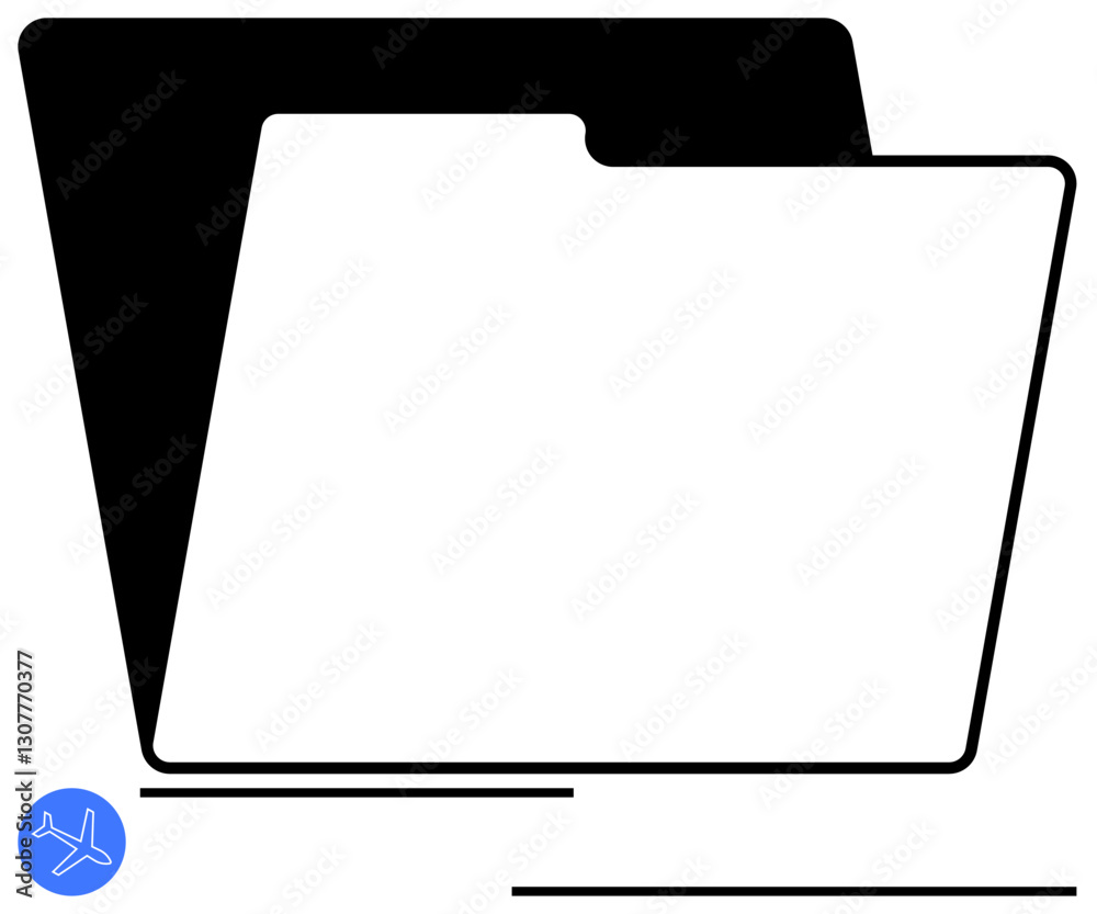 Minimalistic folder with black and white contrast, paired with a flight mode icon, symbolizing information organization, privacy, travel, remote work, data storage, security, and minimal design