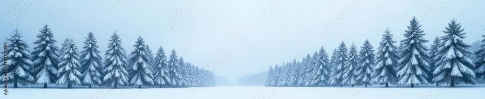 Obraz premium Snow-dusted pine trees shrouded in white haze, snow, pine