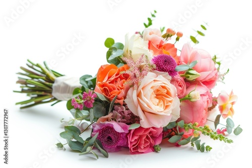 A vibrant bouquet of peach, pink, and coral roses, accented with eucalyptus and other blossoms.