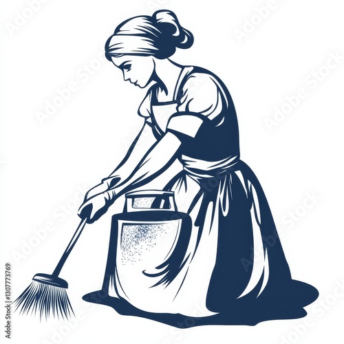 Vector illustration of a woman in vintage attire sweeping with a broom, conveying cleanliness and domesticity.