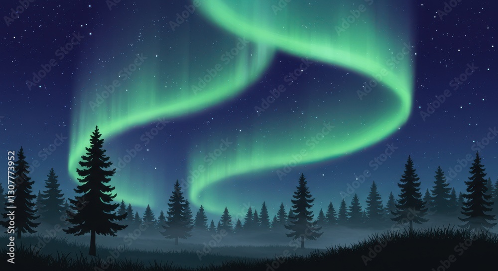 Naklejka premium A serene forest scene under the night sky the sky is filled with vibrant auroras displaying swirling patterns of green and blue hues that create a mesmerizing effect there are silhouette of trees