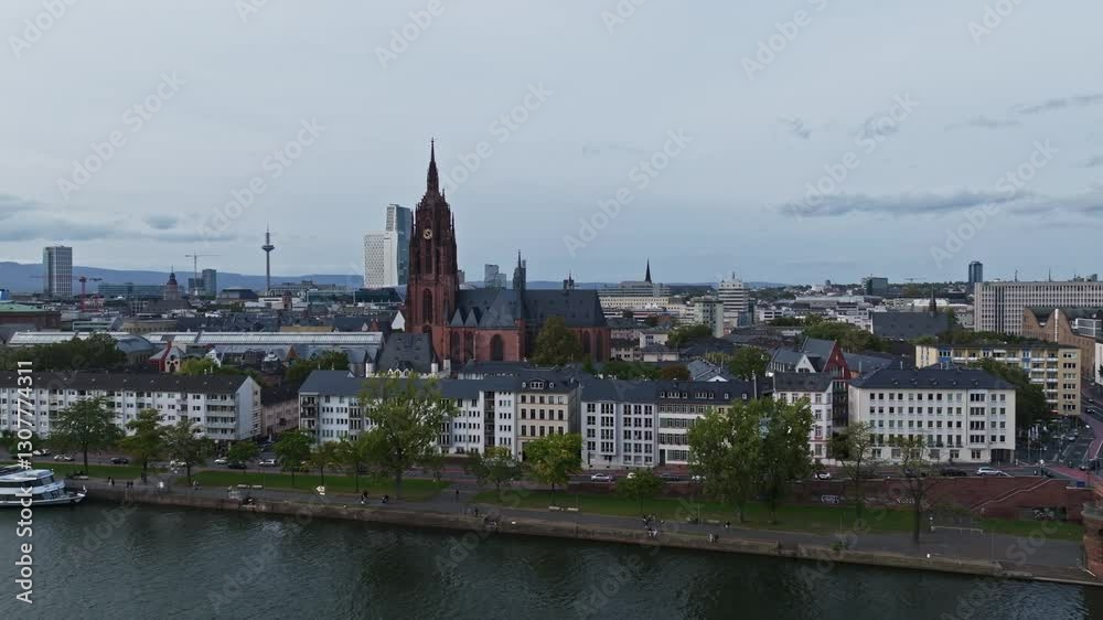 Aerial Drone View of Frankfurt Cathedral (Kaiserdom St. Bartholomäus) in Frankfurt, Germany . Majestic Gothic Landmark with Historic Architecture, Overlooking the Main River Aerial Drone View of Frankfurt Cathedral (Kaiserdom St. Bartholomäus) in Frankfurt, Germany . Majestic Gothic Landmark with Historic Architecture, Overlooking the Main River
