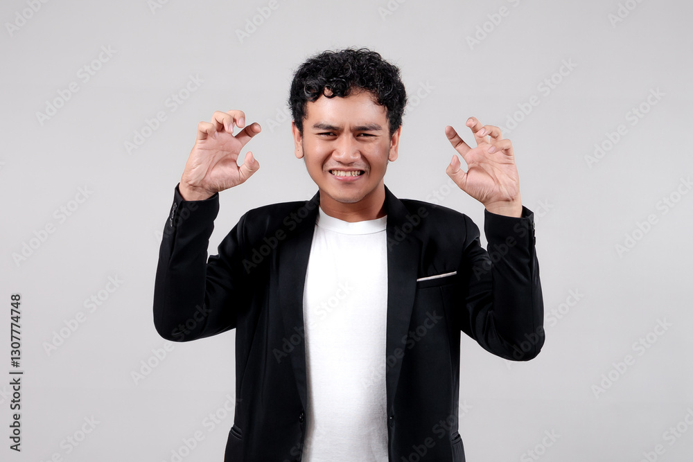 Asian man in black blazer and white t-shirt making a claw gesture with both hands, expressing frustration or anger. Isolated on white background. Asian man in black blazer and white t-shirt making a claw gesture with both hands, expressing frustration or anger. Isolated on white background.