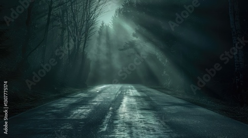 Mysterious foggy forest road with dramatic light rays and ethereal atmosphere