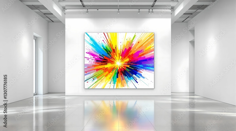 A modern art gallery displaying a vibrant explosion of colors in an abstract digital painting, reflecting light on the polished floor.