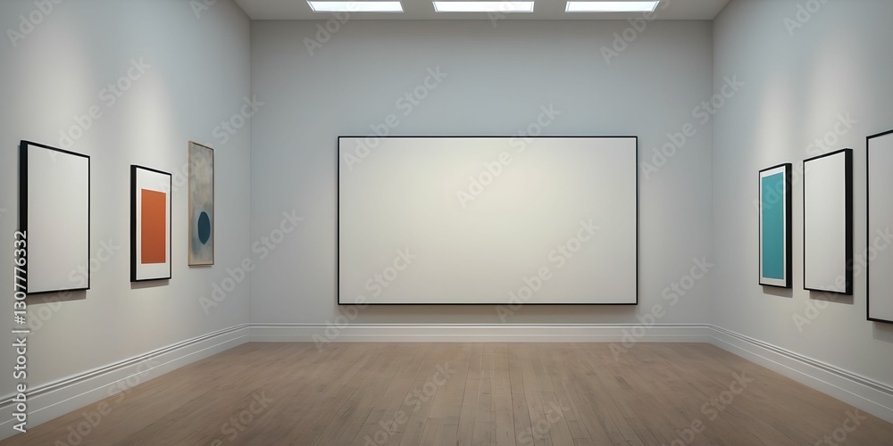 A contemporary art gallery displaying a series of minimalist framed artworks, with a large blank canvas in the center, illuminated by soft overhead lighting.