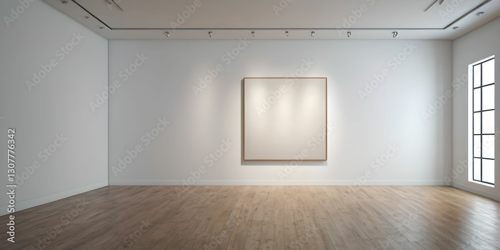 A contemporary art gallery displaying a series of minimalist framed artworks, with a large blank canvas in the center, illuminated by soft overhead lighting.