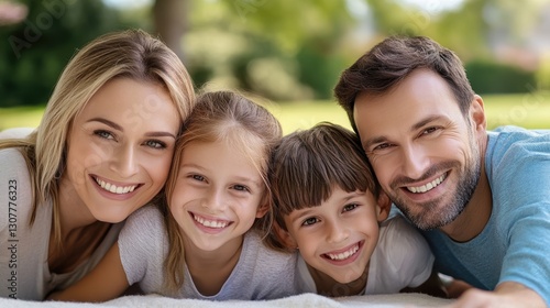Happy caucasian family outdoors: smiling parents and children enjoying nature