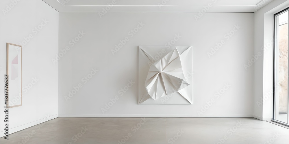 A serene minimalist interior featuring a large blank canvas on a white wall above a simple, low-profile upholstered bench on a wooden herringbone floor.