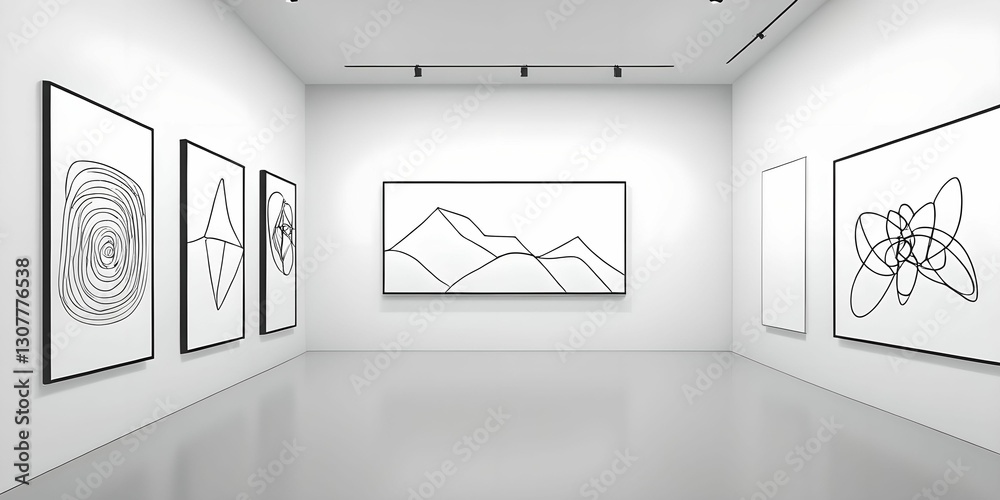 A modern art gallery showcasing minimalist black-and-white line drawings in sleek black frames, creating a clean and contemporary aesthetic.