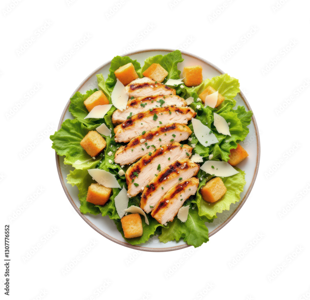 Grilled Chicken Caesar Salad with Juicy Sliced Chicken Breast, Fresh Romaine Lettuce, Shaved Parmesan Cheese, and Golden Crunchy Croutons, Isolated on Transparent and White Background Grilled Chicken Caesar Salad with Juicy Sliced Chicken Breast, Fresh Romaine Lettuce, Shaved Parmesan Cheese, and Golden Crunchy Croutons, Isolated on Transparent and White Background