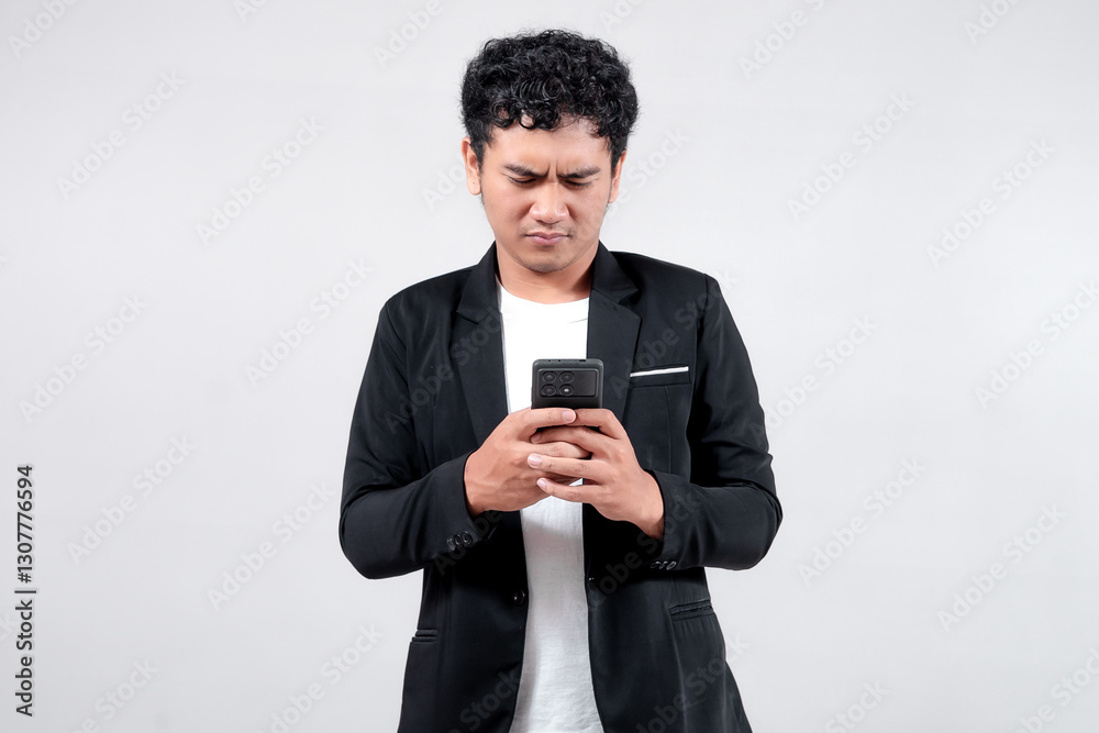 Asian man in black blazer and white shirt looks confused while checking his smartphone. Isolated on white background, he frowns as he reads an unexpected message. Asian man in black blazer and white shirt looks confused while checking his smartphone. Isolated on white background, he frowns as he reads an unexpected message.