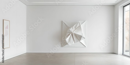 Obraz na płótnie A serene minimalist interior featuring a large blank canvas on a white wall above a simple, low-profile upholstered bench on a wooden herringbone floor. w salonie