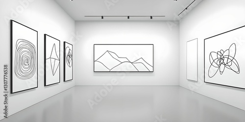Obraz na płótnie A modern art gallery showcasing minimalist black-and-white line drawings in sleek black frames, creating a clean and contemporary aesthetic. w salonie