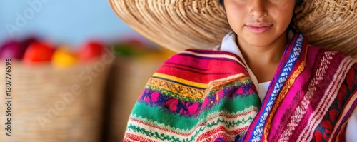 Hispanic woman in traditional colorful poncho and straw hat with baskets of fruit