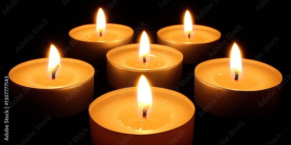 Six Round Lit Candles Casting Warm Glow in the Dark Room Creating Tranquil and Serene Ambiance Six Round Lit Candles Casting Warm Glow in the Dark Room Creating Tranquil and Serene Ambiance