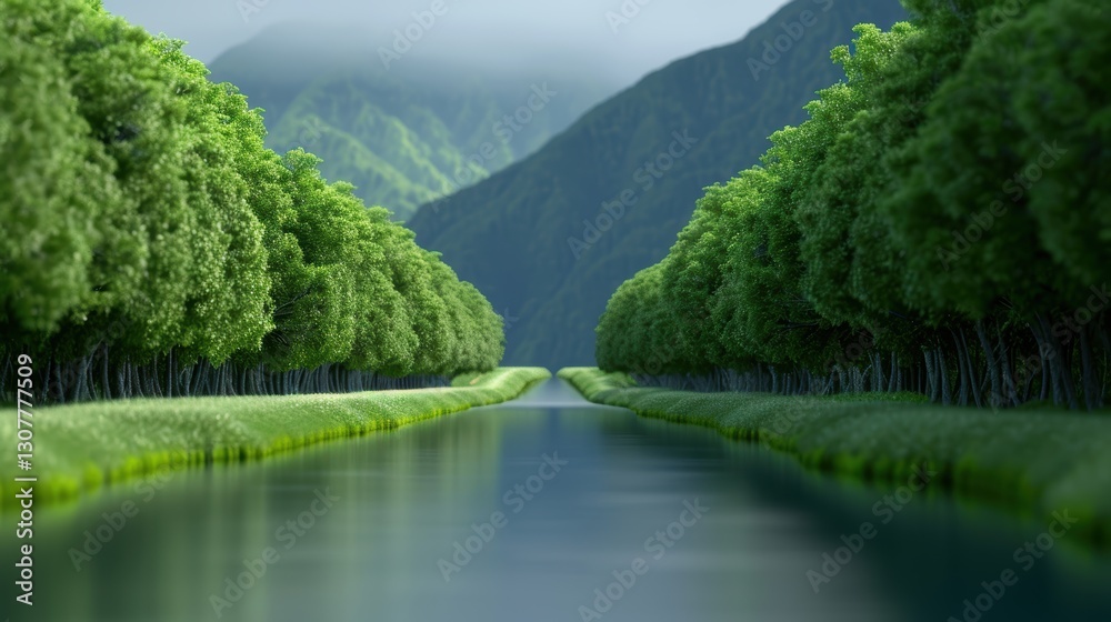 Fototapeta premium Serene mountain valley with symmetrical tree-lined river and lush greenery