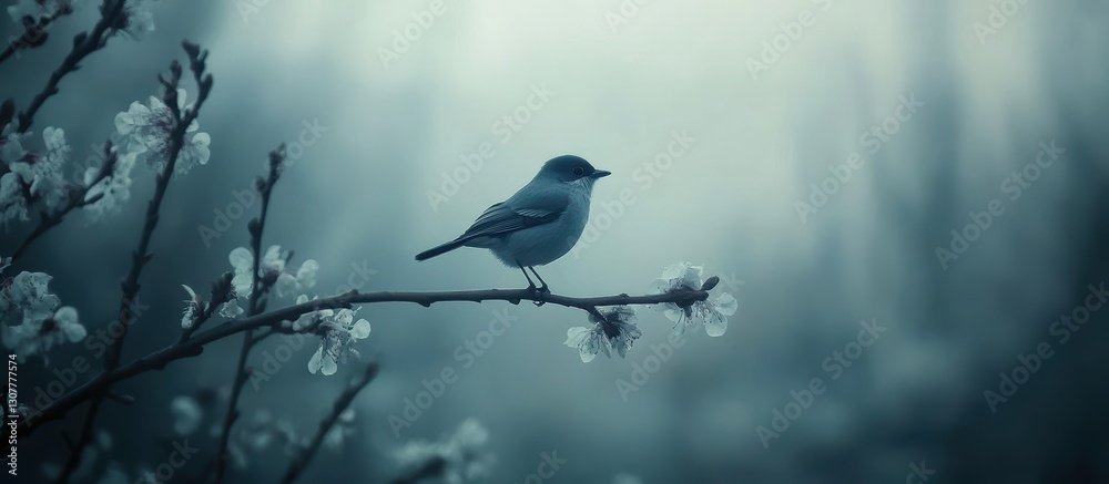 Fototapeta premium Serene Bird on Blossom Branch in Misty Morning Light