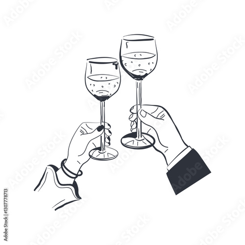 The hands of the bride and groom clink glasses of champagne. Vector illustration, hand-drawn in black ink. Isolated.