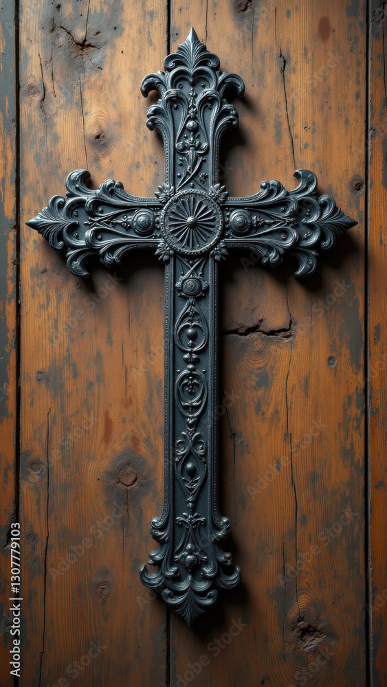 Gothic-style ornate iron cross against aged wooden background. Gothic-style ornate iron cross against aged wooden background.