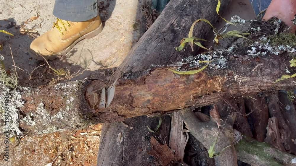 A Moment of Rustic Work: Axe Cutting Through Log with Man in Work Boots and Natural Surroundings A Moment of Rustic Work: Axe Cutting Through Log with Man in Work Boots and Natural Surroundings