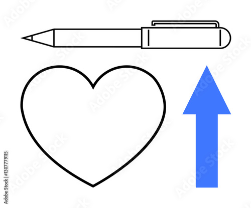 Pen, heart shape, and blue upward arrow representing creativity, love, advancement, and direction. Ideal for education, motivation innovation writing relationships progress direction. Minimal