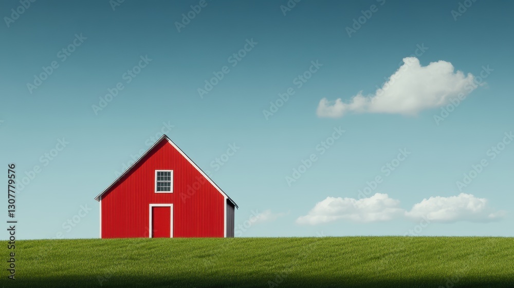 Red barn on green field under clear blue sky with clouds Red barn on green field under clear blue sky with clouds