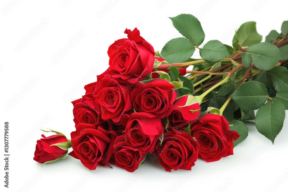 Obraz premium A dozen deep red roses, stems and leaves intact, arranged loosely on a white background.