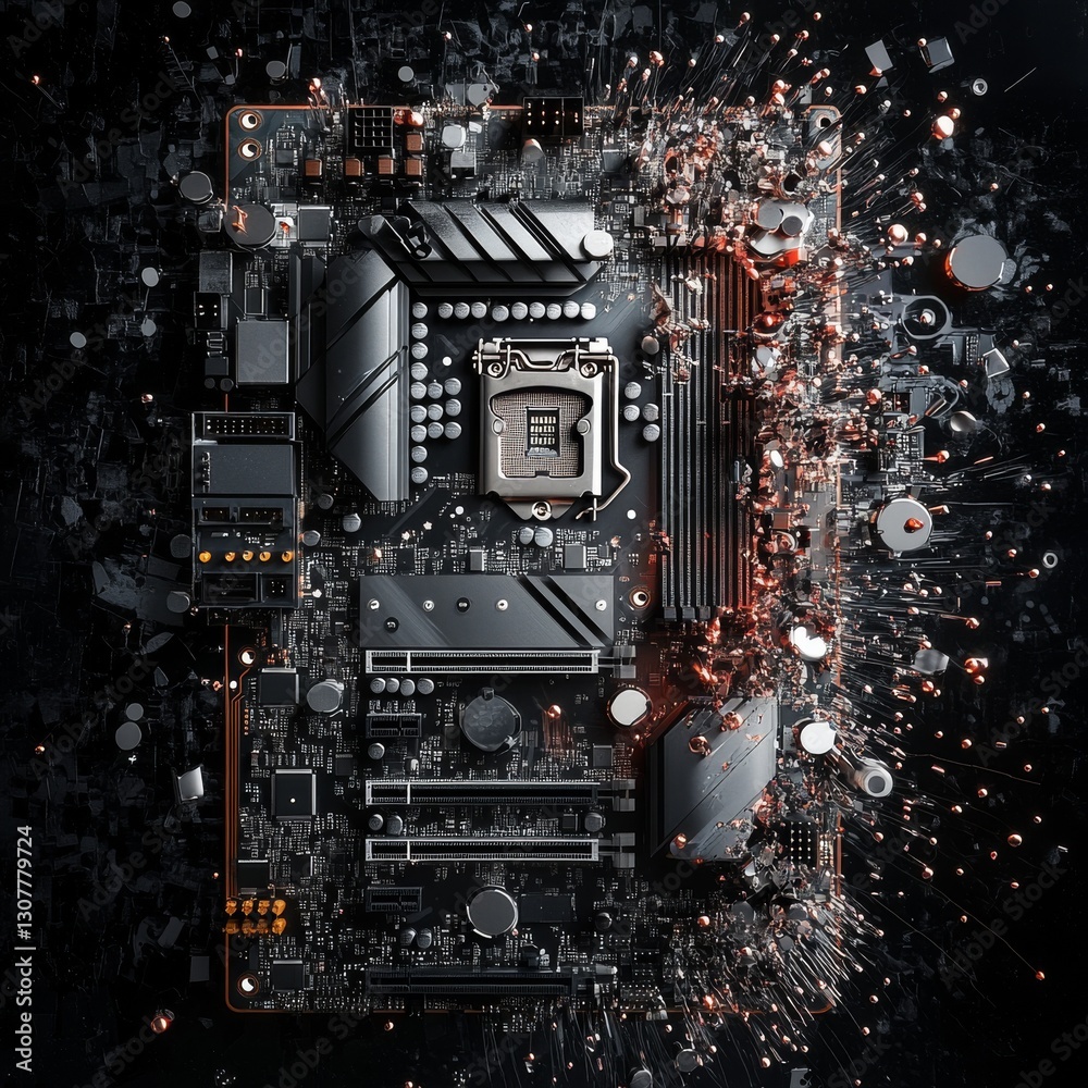 Fototapeta premium Advanced Motherboard Exploding with Technology and Data Transfer on a Dark Abstract Background.