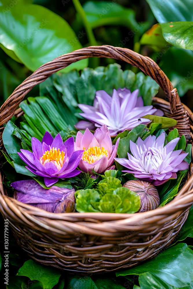 Obraz premium Lotus blossoms & leaves in wicker basket; lush garden setting; spa treatment or gift