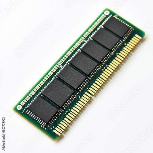Close-up of a green computer RAM module with black chips and golden pins on a white background, revealing its intricate design