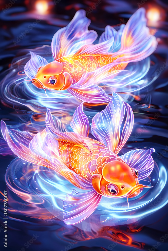 Luminous Koi Dance in Night Pond; serene art for phone wallpaper or print Luminous Koi Dance in Night Pond; serene art for phone wallpaper or print