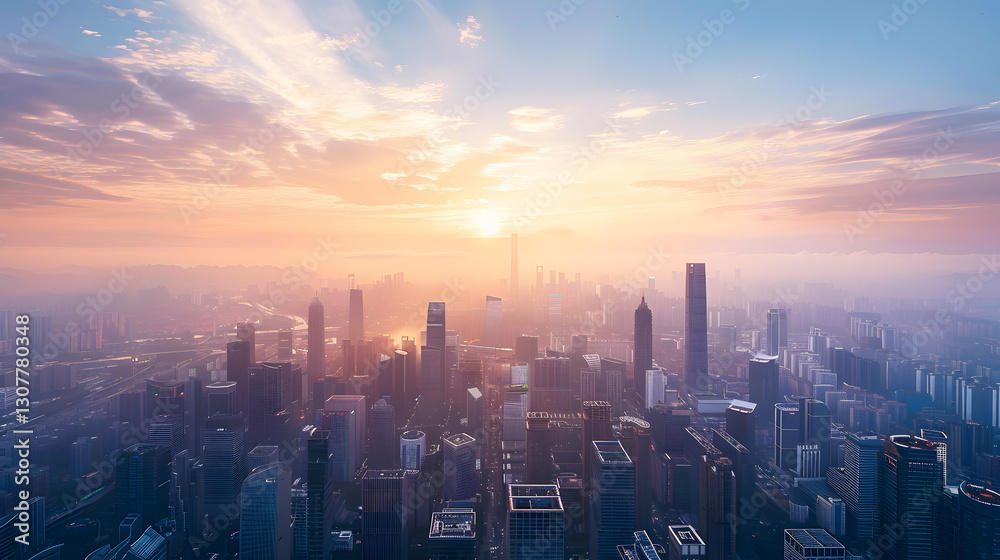 Fototapeta premium background of city skyline panorama under fisheye lens