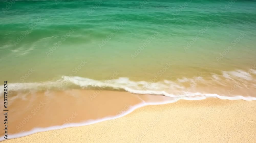 Waves gently lap against the golden sand at a tranquil beach under a clear blue sky Waves gently lap against the golden sand at a tranquil beach under a clear blue sky