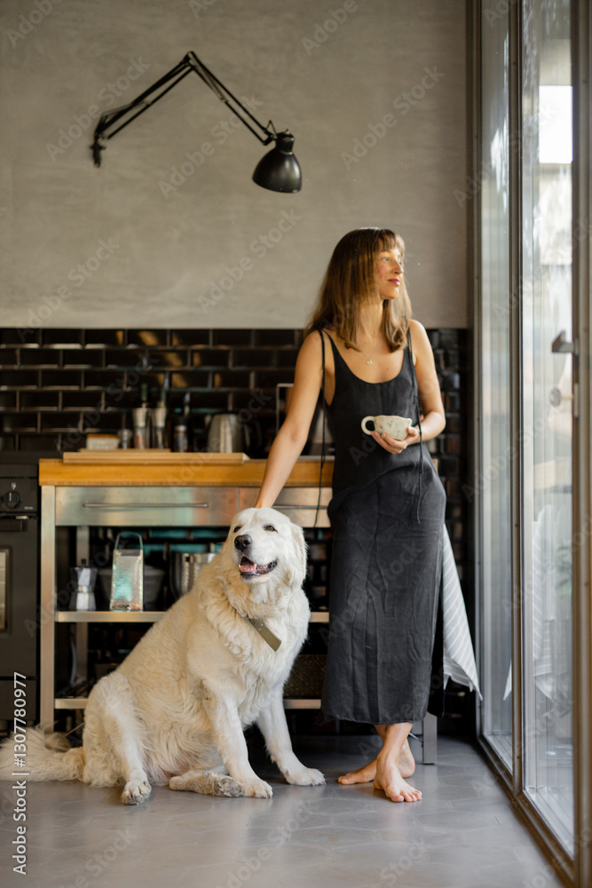 A barefoot woman stands in a modern kitchen, sipping coffee while gently resting her hand on her large white dog. Natural light from glass windows enhances the serene and cozy atmosphere