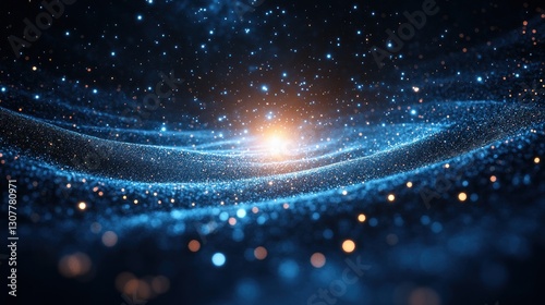 Abstract digital particles flow, cosmic waves, starry night background photo