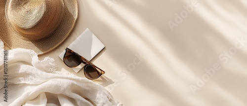 Overhead composition of summer accessories against a neutral background