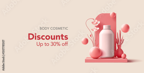 3D scene for advertising and discounts on body care cosmetics. Realistic podium, flowers, round balls. Modern vector graphics.