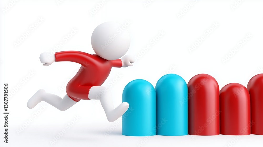 White Figure Dynamically Leaping Over Red and Blue Cylindrical Obstacles White Figure Dynamically Leaping Over Red and Blue Cylindrical Obstacles