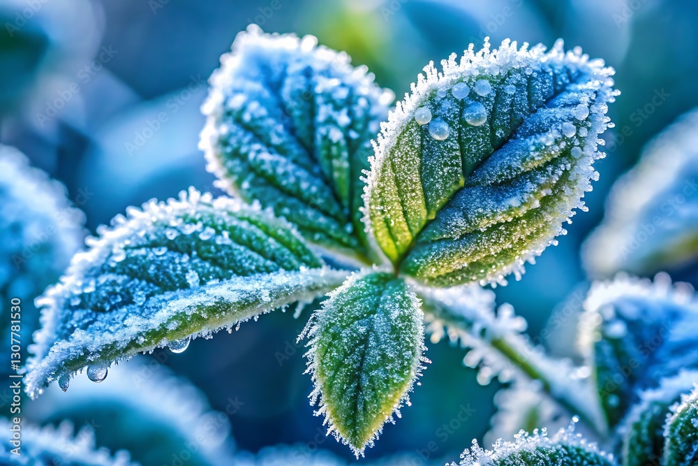 Frosted Green Leaves Close-Up with Crystalline Texture Frosted Green Leaves Close-Up with Crystalline Texture