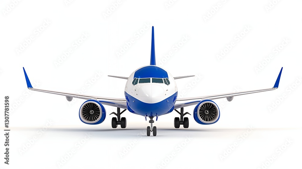 Blue and White Airplane Front View on White Background Blue and White Airplane Front View on White Background