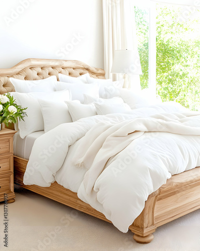 Luxurious white bedding on wooden bed, bright bedroom photo