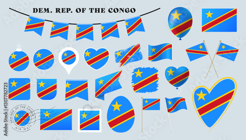 democratic republic of congo flag set. Various National flag collection with different shapes like heart, shield, easter egg, location, circle, postmark, grunge vector illustration.