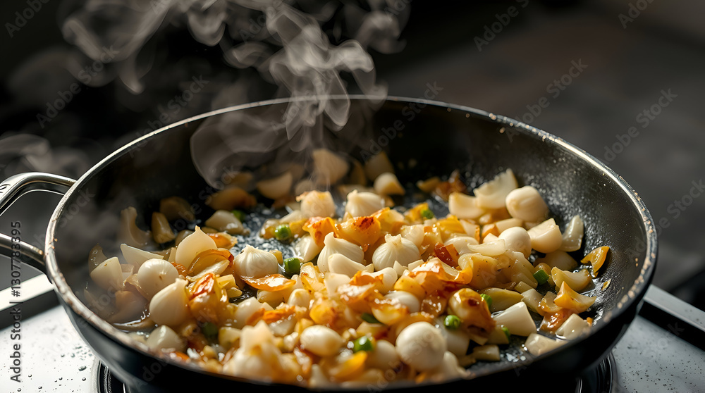 Sizzling Pan with Garlic and Onions, Capturing the Essence of Cooking for Food Blogs Sizzling Pan with Garlic and Onions, Capturing the Essence of Cooking for Food Blogs