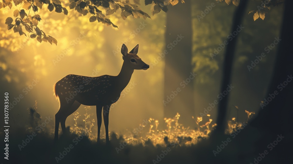Fototapeta premium Serene Deer Silhouetted in Sunlit Forest During Golden Hour
