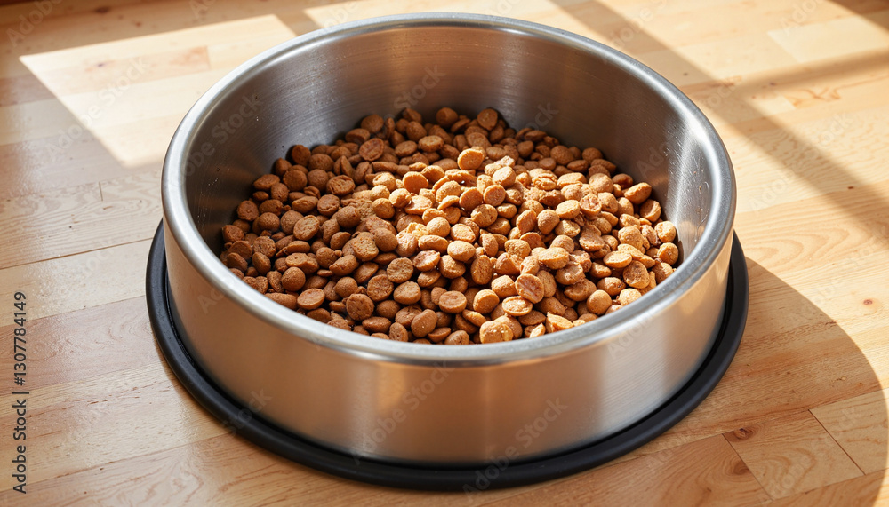 Pet food bowl filled with dry kibble on wooden floor Pet food bowl filled with dry kibble on wooden floor