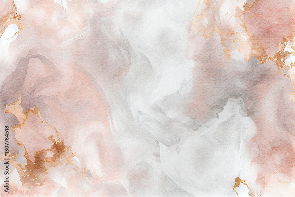 Obraz premium Silver marble wall background. Abstract illustration with gold foil and pink watercolor splashes.