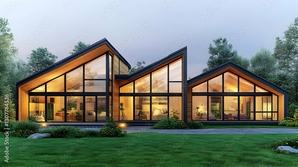 Modern A-frame home at dusk, nestled in a wooded landscape; architectural visualization Modern A-frame home at dusk, nestled in a wooded landscape; architectural visualization